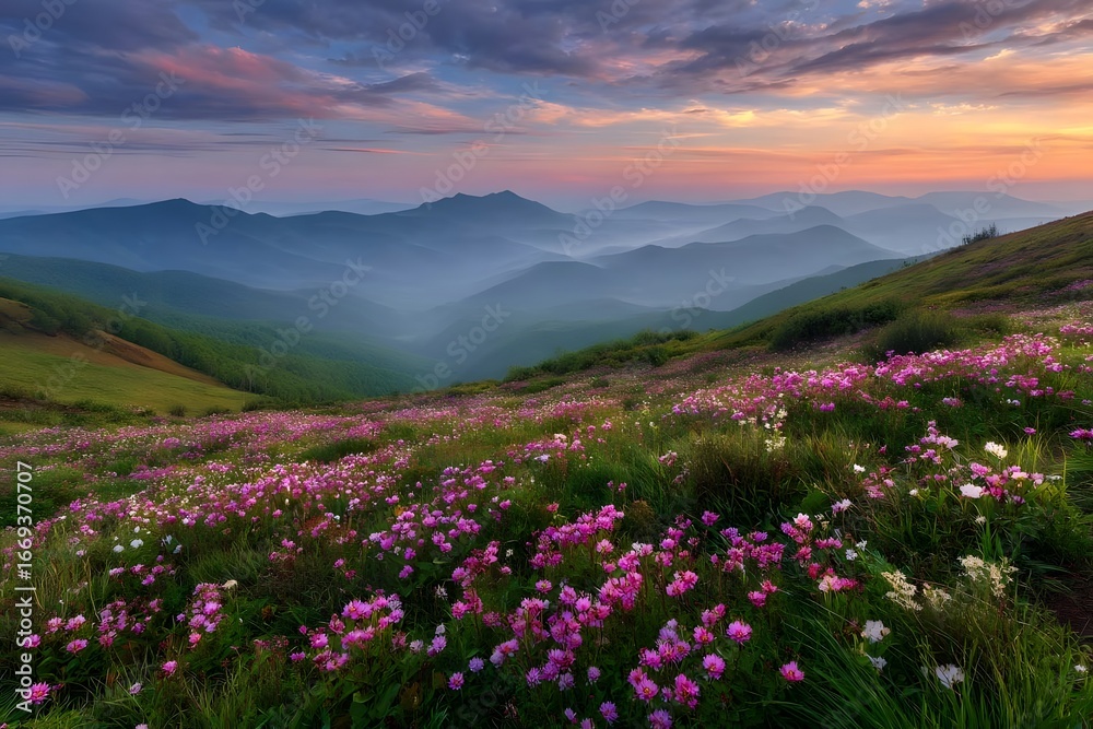 Fototapeta premium Vibrant pink flowers bloom in a misty mountain landscape at sunset.