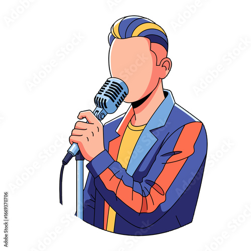 Cartoon Singer Holding Microphone with Stylish Haircut