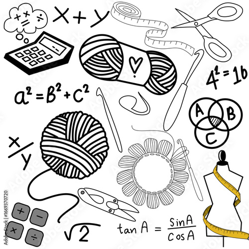 set of doodle elements for design crochet and mathematics 