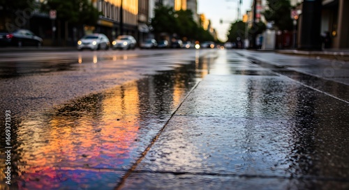Colorful reflections on wet city street pavement