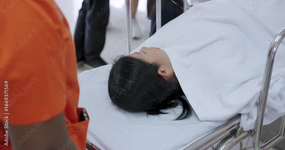 asian female patient lying unconscious on stretcher being urgently ...