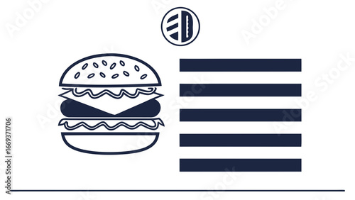 Stylized minimalist illustration of a classic cheeseburger with sesame seeds on the bun next to a list of horizontal lines and a circular logo with a burger icon inside on a white background