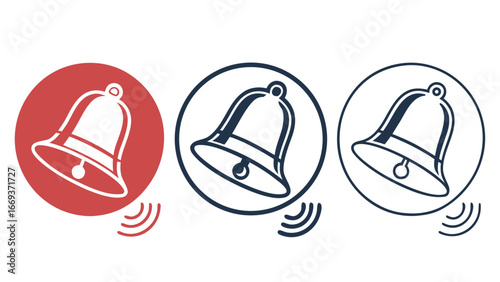 Three stylized bell icons with sound waves emanating from them one red and two dark blue representing alerts and notifications