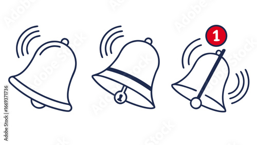 Illustration of three ringing bells in a row with the third bell featuring a red notification badge with the number one symbolizing alerts and notifications