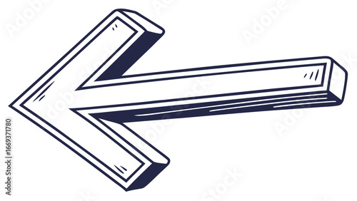 A bold hand drawn style dark blue arrow pointing to the left with a subtle 3d effect and a white background perfect for directional signage or graphic design elements