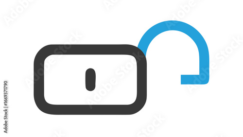 A stylized modern flat design icon representing an unlocked padlock with a gray body and a bright blue shackle isolated on a black background symbolizing security and access