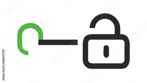A simple modern flat design icon symbolizing an unlocked padlock with a green key entering the lock mechanism representing access and security