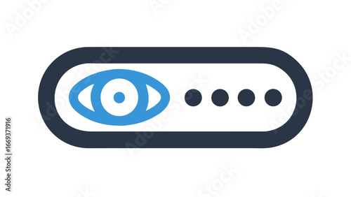 A stylized blue eye icon with four dark gray dots in a rounded dark gray frame on a black background representing vision or observation