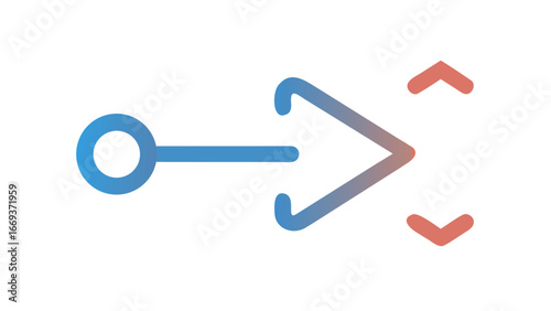 Abstract representation of a process or data flow with a blue circle and arrow transitioning to a split point with upward and downward pointing elements