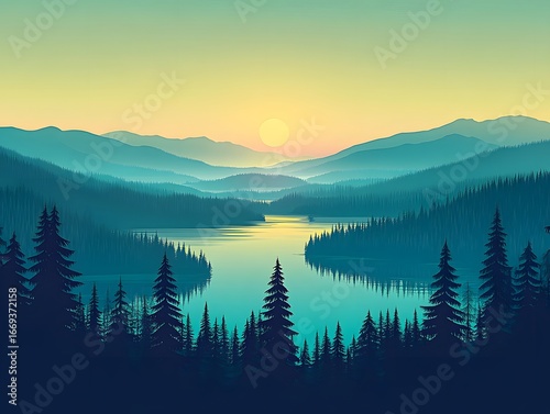 Serene Sunset Landscape, Mountain Lake and Pine Forest
