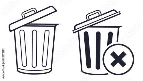 Two simple line art icons of trash cans one with an open lid and the other with a lid and a delete symbol indicating removal or disposal