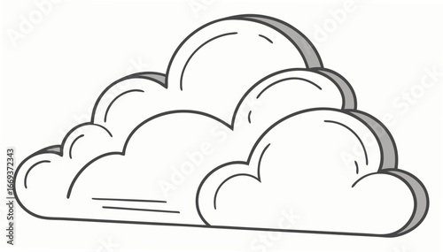 A stylized cartoonish illustration of a fluffy white cloud with a thick black outline and subtle gray shading isolated on a white background representing weather or digital concepts