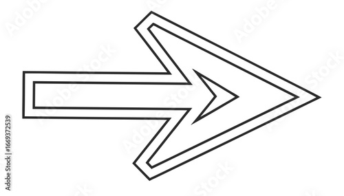 A bold black outline of a stylized arrow pointing to the right featuring a double lined shaft and a sharp angular arrowhead with an inner v shape isolated on a white background