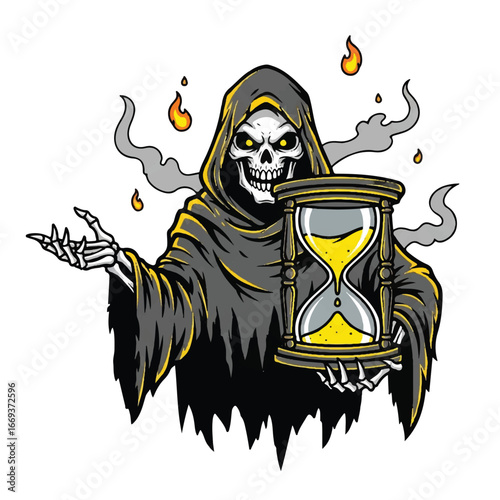 A menacing Grim Reaper skeleton in a dark hooded cloak holds an antique hourglass, surrounded by smoke and fire.