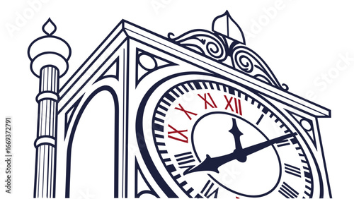 A detailed illustration of a classic clock tower with roman numerals on its face and ornate decorative elements against a clean white background