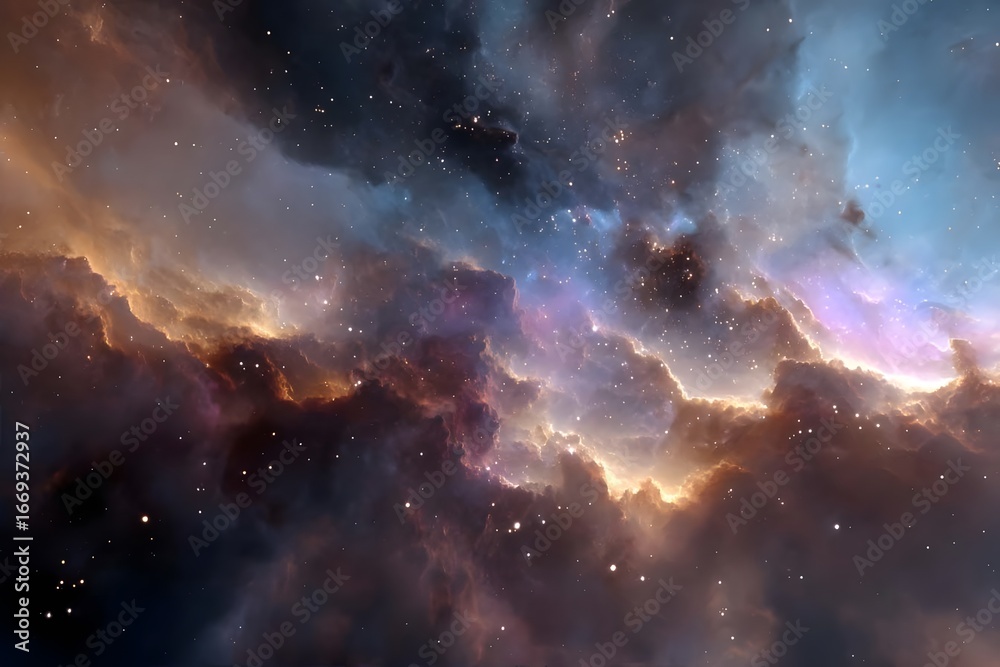 Fototapeta premium Deep blue nebula, vibrant orange clouds, distant stars, cosmic light.