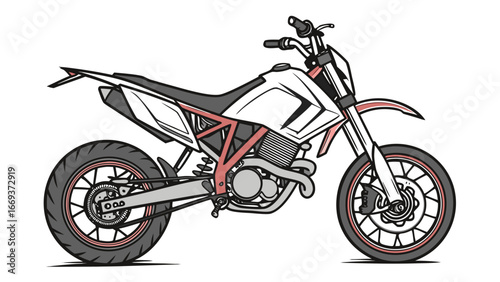 A stylized illustration of a white and red supermoto motorcycle with a black seat and tires presented in a clean side profile against a white background
