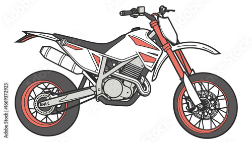 A detailed vector illustration of a white and red supermoto motorcycle with black tires and red rims presented on a clean white background showcasing its sporty design and off road capabilities