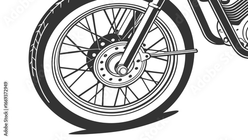 Close up detailed illustration of a classic motorcycle front wheel with spokes and tire tread against a clean white background showcasing vintage design elements and mechanical precision
