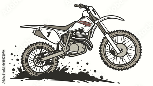 A stylized illustration of a dirt bike with the number one on its side kicking up dirt and mud as it rides on a white background conveying speed and action
