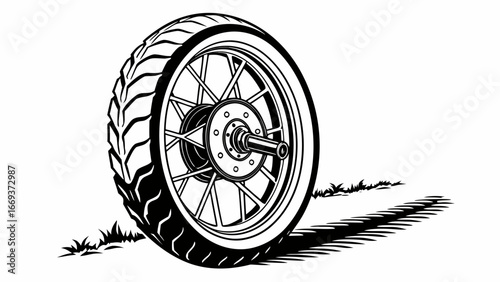 A close up black and white illustration of a motorcycle wheel with spokes and a tire resting on a patch of grass with a distinct shadow