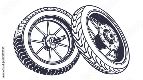 Two stylized dark blue motorcycle wheels with distinct tread patterns and spokes are depicted on a clean white background showcasing their mechanical design and automotive appeal