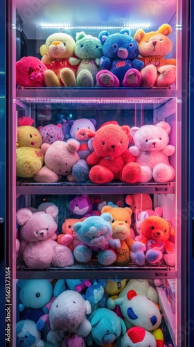 A claw machine filled with colorful plush toys in an arcade entertainment venue, bright and playful lighting, clean and professional composition, copy space, natural color, stock photography