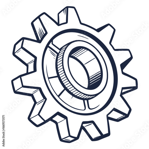 A stylized hand drawn illustration of a single gear with a bearing in the center rendered in a bold outline style against a white background representing mechanical engineering and industry