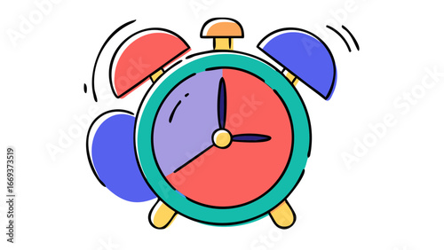 A whimsical colorful cartoon illustration of a classic alarm clock with red and purple faces and blue and red bells on a black background