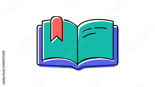 A stylized open book with a red bookmark protruding from the pages rendered in a simple modern flat design with bold outlines and a black background