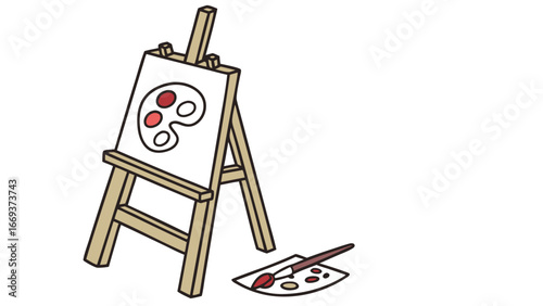 A simple cartoon illustration of an artist s easel with a blank canvas and a paint palette featuring red and white colors alongside a paintbrush resting on a separate paint palette with various colors
