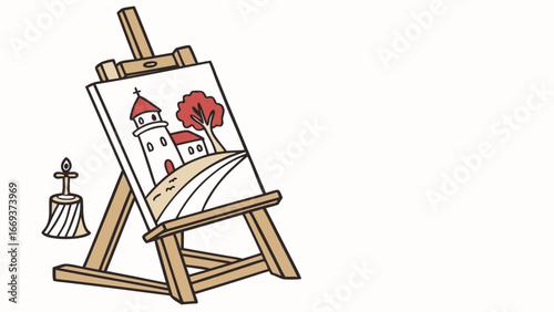 A charming hand drawn illustration features a wooden easel displaying a colorful painting of a quaint village scene with a church and a tree accompanied by a decorative bell