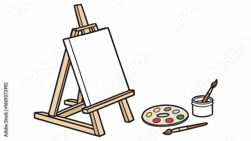 A wooden easel holds a blank white canvas ready for painting with a colorful artist s palette and brushes nearby
