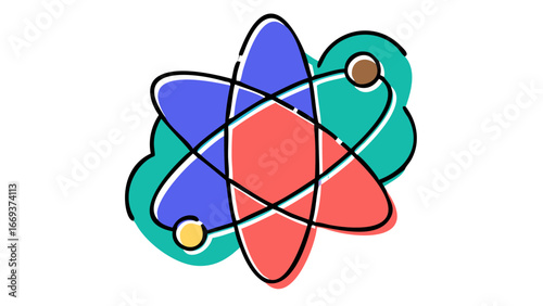 Abstract stylized atomic structure with orbiting electrons in vibrant colors against a stark black background representing scientific discovery and fundamental particles