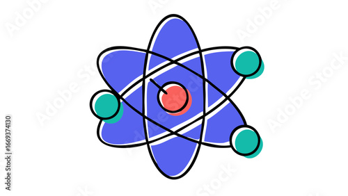 Stylized illustration of an atom with a central nucleus and orbiting electrons presented in a flat design with bold colors and clean lines against a black background representing science and discovery