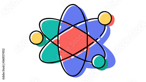 Abstract representation of an atom with orbiting electrons and a central nucleus depicted in a modern colorful and stylized graphic design with a black background
