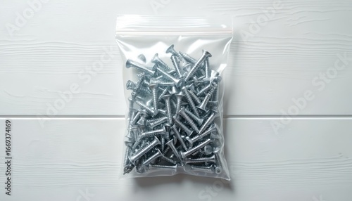 Metal screws contained in clear plastic bag, isolated on white wooden background. Fasteners with crosshead slots, ideal for construction, DIY projects, and hardware supplies.