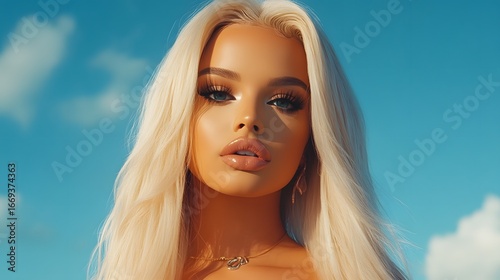 Stunning Blonde Woman Outdoor Portrait Against Blue Sky