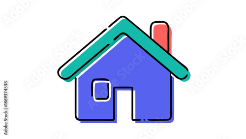 A simple stylized illustration of a house with a purple body teal roof and coral chimney set against a stark black background evoking a minimalist and modern aesthetic