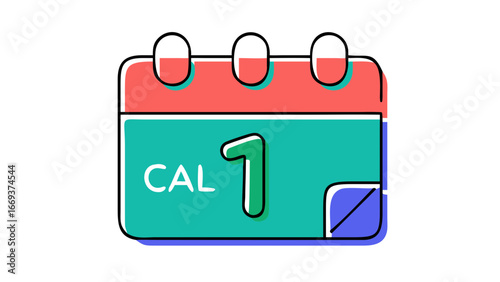 A stylized cartoon illustration of a desk calendar with the number one prominently displayed on a teal page signifying the first day of a month or event with a coral top and a folded corner