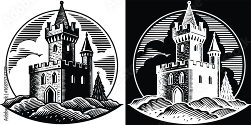 Majestic medieval castle standing proudly on a hill beneath dramatic clouds, evoking history and fantasy