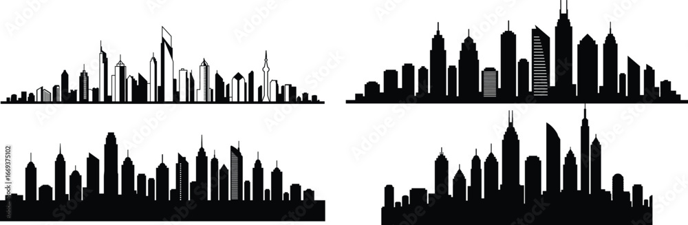 Fototapeta premium Dynamic urban cityscape silhouette with towering skyscrapers, ideal for modern design, architecture, and business concepts.