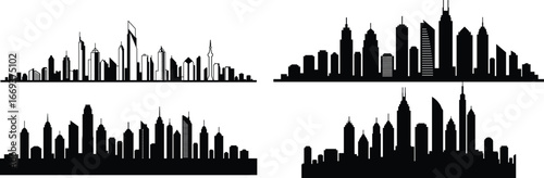 Dynamic urban cityscape silhouette with towering skyscrapers, ideal for modern design, architecture, and business concepts.