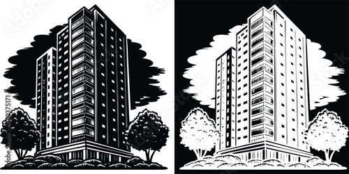 Striking monochromatic illustration of modern high-rise apartment buildings with trees and dramatic cloud formations