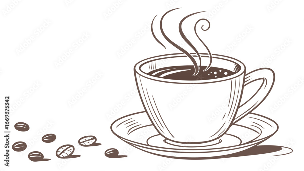Obraz premium A simple hand drawn sketch of a steaming cup of coffee on a saucer with scattered coffee beans on a white background perfect for cafe menus or beverage advertising