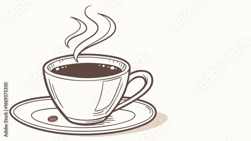 A simple line drawing of a steaming cup of coffee with a single coffee bean on the saucer perfect for cafe menus or beverage advertising