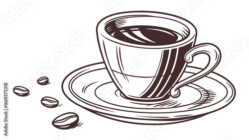A stylized line drawing illustration of a steaming cup of dark coffee on a saucer with scattered coffee beans on a white background