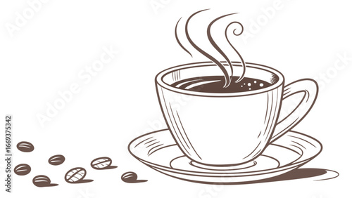 A simple hand drawn sketch of a steaming cup of coffee on a saucer with scattered coffee beans on a white background perfect for cafe menus or beverage advertising