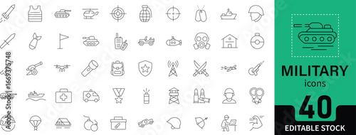 Military Line Icon Set 50 editable outline icons of army, weapons, vehicles, defense, protection, and communication. Linear vector illustration