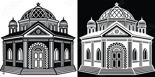 Elegant domed building with classical architectural details and ornate entrance, presented in bold black and white graphic style